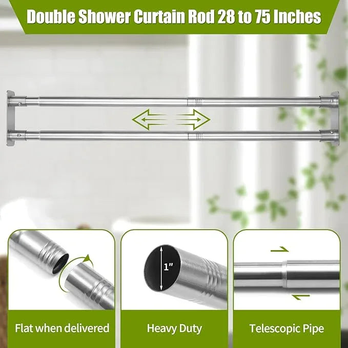 Creatyi 28 to 75 Inches Double Shower Curtain Rod Adjustable Double Shower Curtain Rods for Bathroom (28 to 75'', Silver) - ModernBath