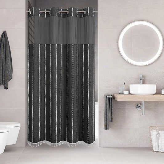eachope No Hook Stall Shower Curtain with Snap-in Fabric Liner - 54x80 Heavy-Duty Linen Textured Striped Design,Narrow Rustic Modern Farmhouse Bohemian Bathroom Curtain,Water-Repellent,Charcoal Grey - ModernBath