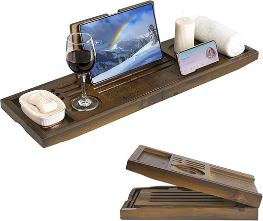 Luxury Teak Bathtub Tray - Foldable Bath Caddy with Expandable Handles, Wine Glass & Phone Holder, Book Stand - Enhance Home Spa Experience with Natural Material - Relaxing & Reading, Light Walnut