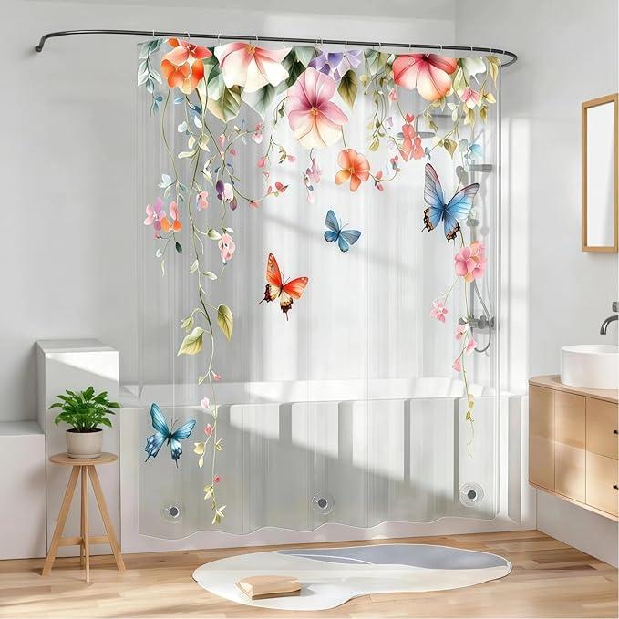 CAPQL Clear Colorful Floral Butterfly Shower Curtain Liner, Plastic Pretty Nature Plant Shower Curtains for Bathroom, 72x72 Weighted Magnetic Shower Curtain Set with 12 Hooks - ModernBath