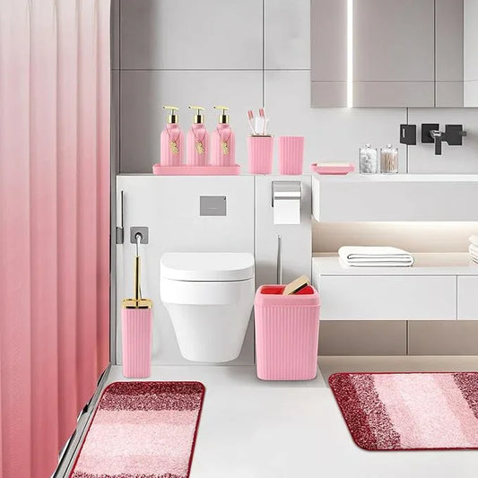 WSBArt 32PCS Bathroom Set Bathroom Sets with Shower Curtain and Rugs Pink Bathroom Accessories,Shower Curtain Set,Bathroom Rug Set with Bathroom Trash Can - ModernBath