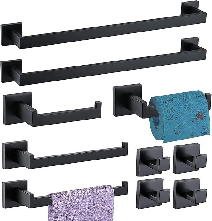Bathroom Hardware Set 10 Piece Matte Black Bathroom Accessories Set SUS304 Towel Bar Set Includes 2 Towel Bar 24 Inch+2 Towel Holder+2 Toilet Paper Holder+4 Towel Hooks(10, Matte Black) - ModernBath