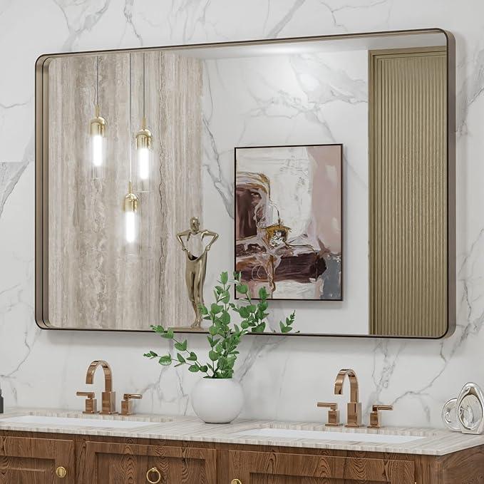 LOAAO 48”X30” Bronze Bathroom Mirrors for Vanity, Rounded Rectangle Brushed Bronze Metal Frame Mirror, Anti-Rust, Tempered Glass, Hangs Horizontally or Vertically - ModernBath