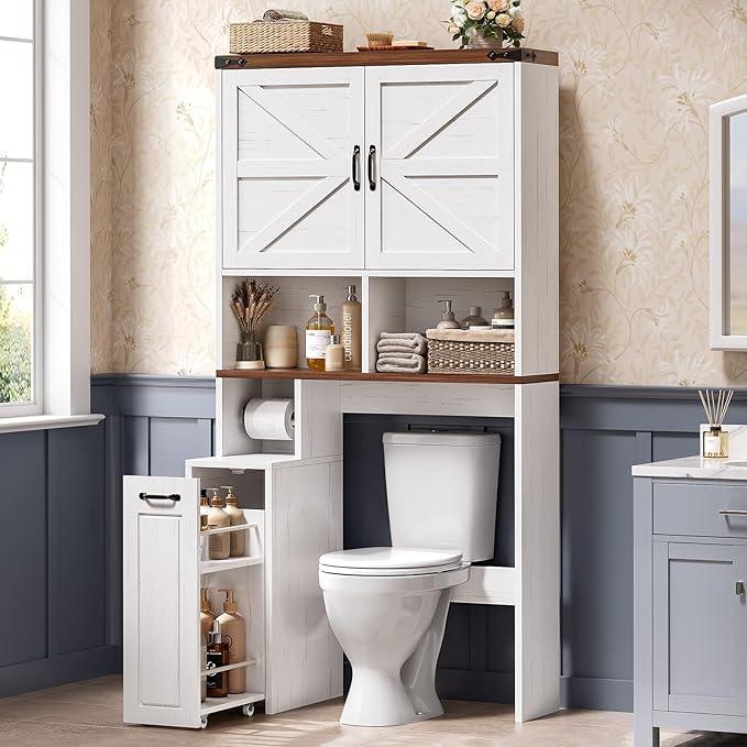 Farmhouse Over The Toilet Storage Cabinet with Pulley Small Bathroom Storage Cabinet, Space Saver W/Adjustable Shelf & Open Shelf for Bathroom, Restroom, Laundry (White Brown-Type B) - ModernBath