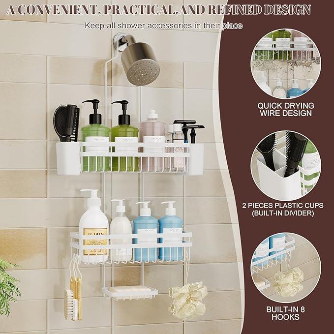 STAHLHEART Shower Caddy Hanging for Bathroom Organizers and Storage, 3 Tier Adjustable Anti-Swing Shower Organizer hanging with Heavy-Duty Suction Cups, Damage-Free Rustproof (White) - ModernBath