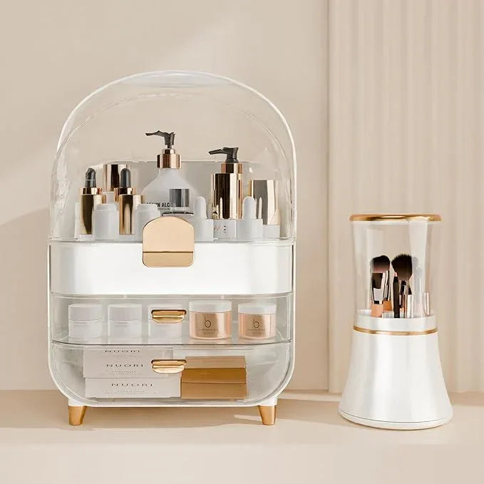 Makeup Organizer Countertop With Lid And Drawers Large Skin Care Cosmetic Display Case Holder for Vanity Desk Bathroom Storage Box Gift for Women Teens Girls,White With Brush Holder - ModernBath