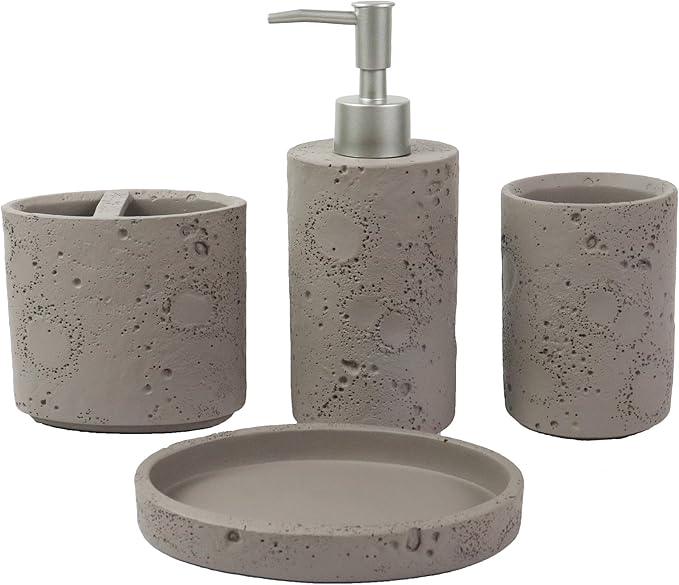 Hymmah Meteorites Bathroom Accessories Set,Farmhouse Bathroom Decor,4 Pcs Resin Gift Set Apartment Necessities, Contain Cotton Swab Jar,Soap Dispenser,Tumbler，Soap Dish/Tray - ModernBath