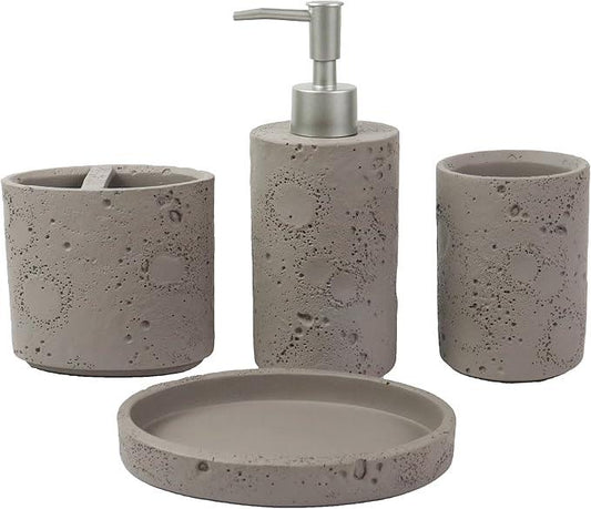 Hymmah Meteorites Bathroom Accessories Set,Farmhouse Bathroom Decor,4 Pcs Resin Gift Set Apartment Necessities, Contain Cotton Swab Jar,Soap Dispenser,Tumbler，Soap Dish/Tray - ModernBath