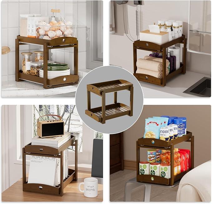 Bamboo Wood Under Sink Organizer 1 Pack, Pull Out Cabinet Organizer 2 Tier Under Sink Organizers and Storage w/Sliding Drawer Sturdy Easy Assembly for Kitchen Bathroom Undersink (Walnut, 2 Packs) - ModernBath
