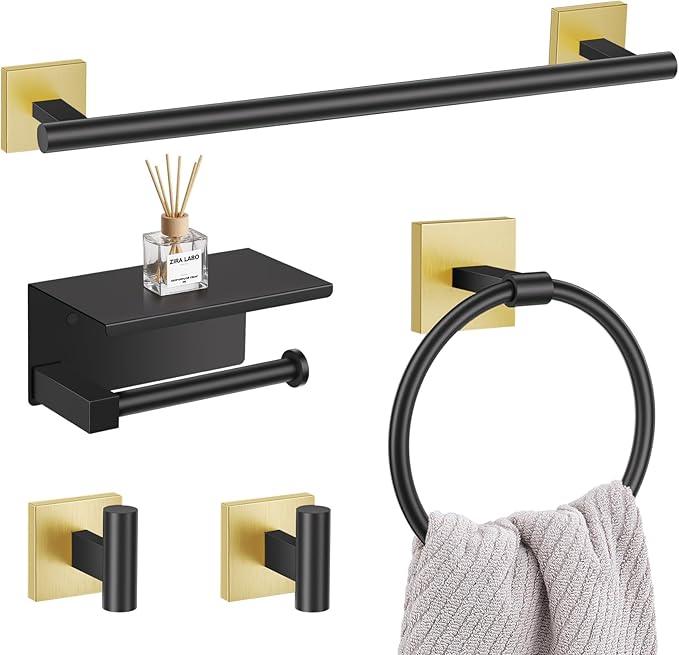 5-Piece Black Gold Bathroom Hardware Set, SUS304 Stainless Steel Bathroom Accessories Set 23.6 inches Towel Bar, Toilet Paper Holder with Shelf, Towel Ring and Two Towel Hooks Wall-Mounted - ModernBath