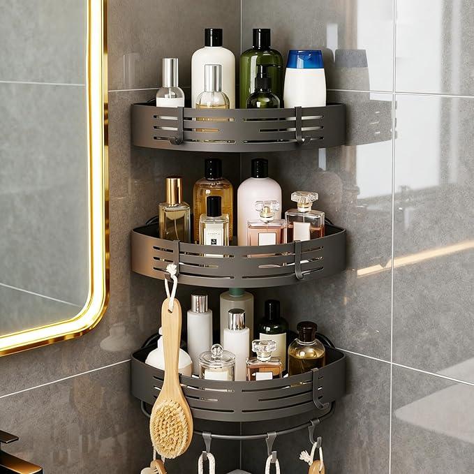 TIMBERHIDE 3-Tier No-Drill Storage Caddy with Hooks&Towel Bar,Organizing Solution for Bathroom,Shower&Kitchen,Holds Shampoos,Soaps,Sponges&Cleaners,Triangle - ModernBath