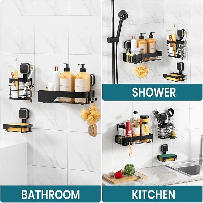 TAILI Shower Caddy Suction Cup 3 Pack, Stainless Steel Rustproof Shelves with Soap Holder Set, Drill-Free Wall Mounted Basket, Heavy Duty Removable Bathroom Organizers & Home Decor, Black - ModernBath
