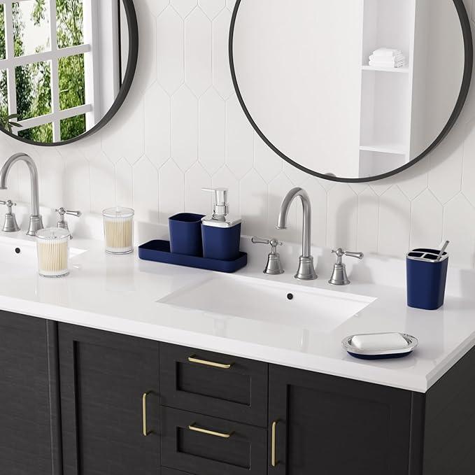 XLHOMO Navy Blue Bathroom Accessories Set, 9-Piece Plastic Gift Set with Trash Can, Toothbrush Holder, Toothbrush Cup, Soap Dispenser, Soap Dish, Toilet Brush Holder,2 Qtip Holder Dispensers and Tray - ModernBath