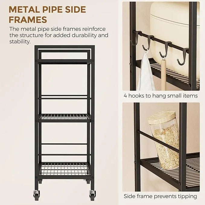 3-Tier Metal Storage Rack with Industrial Wheels,Mesh Shelving Unit with Wooden Table top,Adjustable Shelf,23.6-Inch Width,15.8-Inch Depth, for Kitchen, Laundry,Pantry,Plant,Black panel - ModernBath