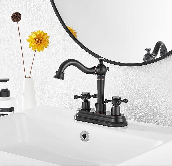 Bathroom Faucet Oil Rubbed Bronze GGStudy 2 Handles 4 Inches Centerset Bathroom Vanity with Drain Assembly and Supply Hose Lavatory Mixer Double Handle Tap - ModernBath