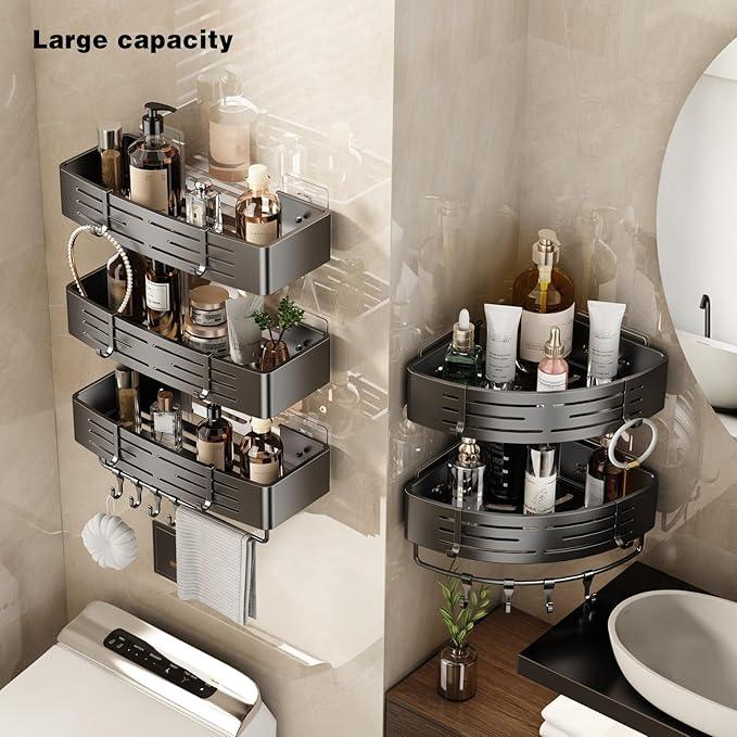VOLPONE Corner Shower Caddy Adhesive Shower Shelf Corner No Drilling Bathroom Shower Organizer Storage Rack Rust-proof with Towel Bar (2-Pack, Gray) - ModernBath