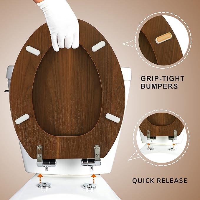 Elongated Toilet Seat Molded Wood Toilet Seat with Quietly Close and Quick Release Hinges, Easy to Install also Easy to Clean by Angol Shiold (Elongated, Walnut) - ModernBath
