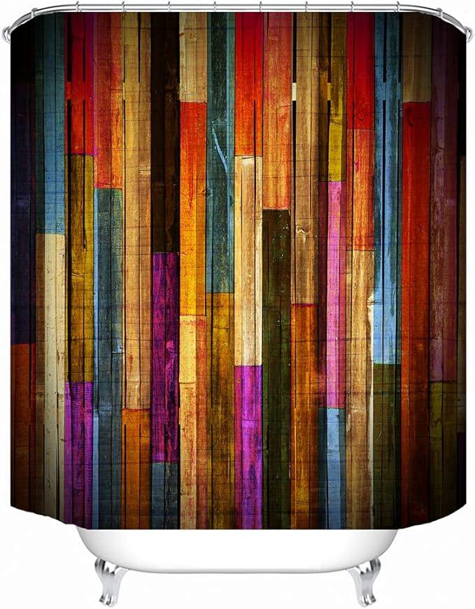 LYFANS Shower Curtains Waterproof Polyester Fabric,Large Width Bright Partition Curtain with Color Striped Planks Print,Shower Curtain Liner for Bathtub Bathroom with 12 White Hooks (72 x72 inches) - ModernBath
