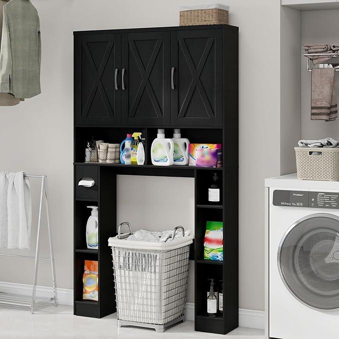 Over The Toilet Storage Cabinet, Farmhouse Toilet Cabinet Rack with 3 Barn Doors, Space Saving Bathroom Organizer with Shelves, Toilet Paper Holder and Towel Rack for Bathroom,Restroom,Laundry, Black. - ModernBath