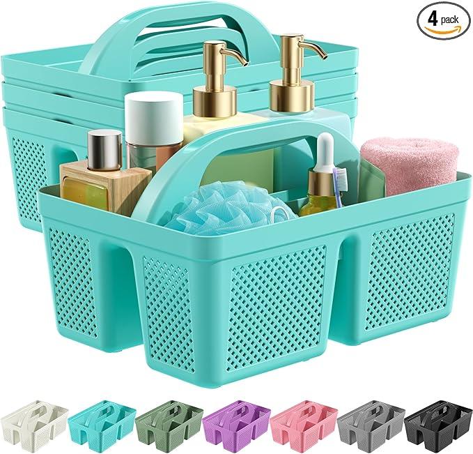MLIKLU 4 Pack Portable Shower Caddy, Integrated Handle, Reinforced Plastic, Quick-Dry Ventilation Holes, Multi-purpose Storage Basket for Home, Dorm and Bathroom, Kitchen, Under Sink Storage, Cyan - ModernBath