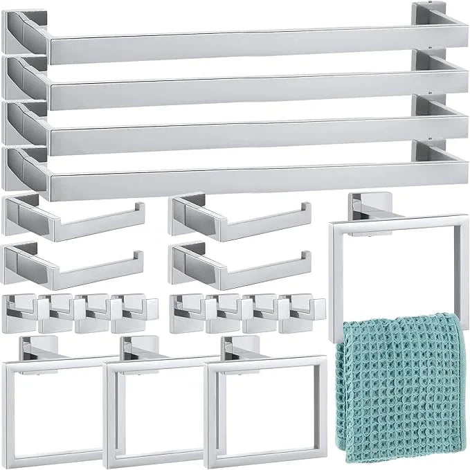 Gisafai 20 Pcs Silver Bathroom Hardware Accessories Set 23.6 Inch Bath Towel Bar Kit Stainless Steel Bathroom Hardware Set Towel Racks Ring Robe Hooks Paper Holder for Wall Mounted - ModernBath