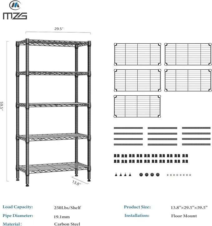 1250 lbs 5 Tier Shelf Metal Storage Shelves Shelving Wire Rack Heavy Duty Closet Organizers for Garage Kitchen Bathroom Laundry Black 13.8" D x 29.5" W x 59.5" H - ModernBath