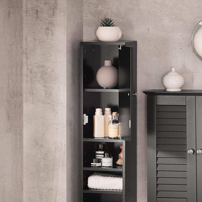 SoBuy Narrow Bathroom Storage Cabinet, Tall Slim Bathroom Organizers and Storage for Small Spaces, Freestanding Skinny Cabinet with Doors and Shelves for Tight Corners, Black BZR34-SCH - ModernBath