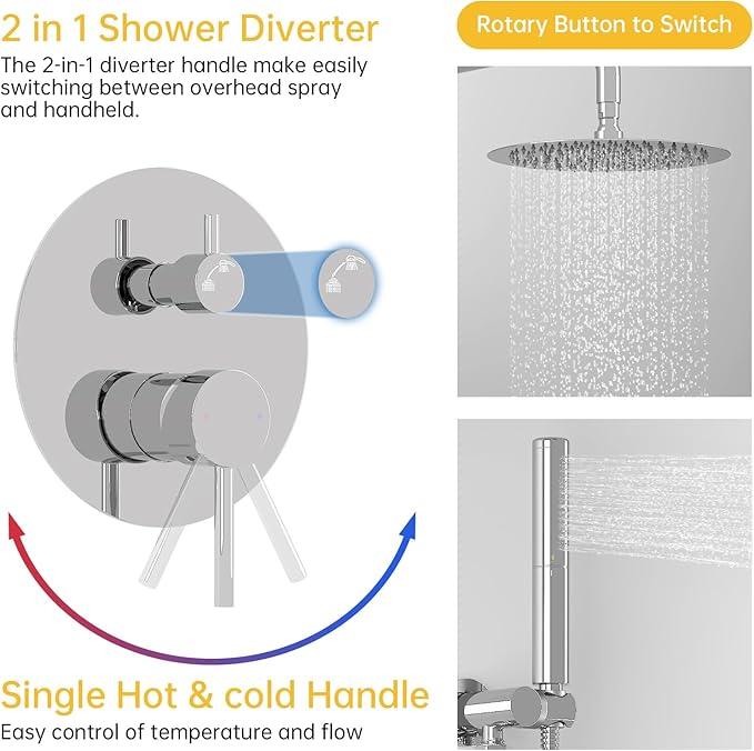 BESy Shower System with 10 Inch Round Rain Shower Head and Handheld Wall Mounted, High Pressure Rainfall Shower Faucet Fixture Combo Set with 2 in 1 Handheld Showerhead for Bathroom, Polished Chrome - ModernBath
