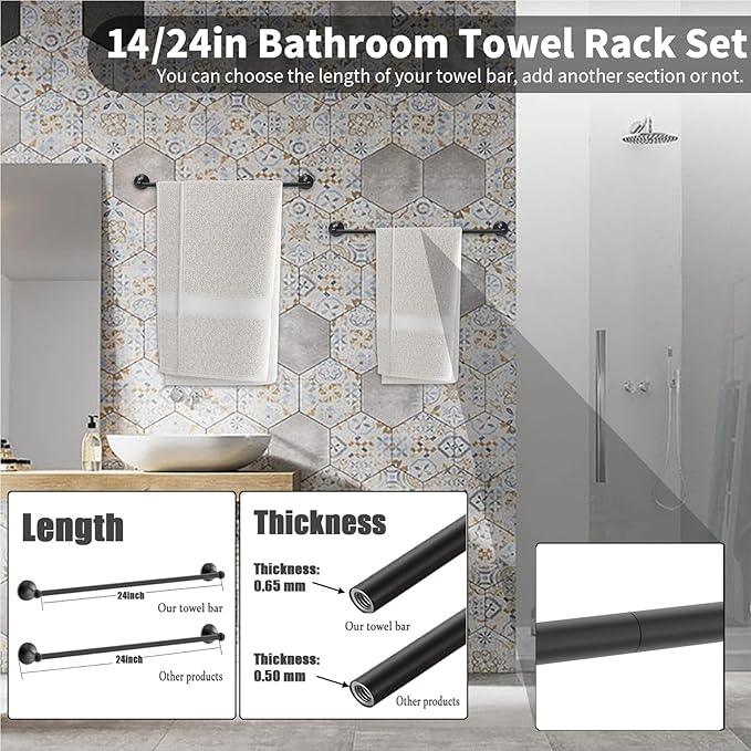 8-Pieces 24" Bathroom Hardware Set, Bathroom Accessory Set, Includes 24" Adjustable Bath Towel Bar, Towel Rings Wall Mounted, Toilet Paper Holder, Robe Towel Hooks (Matte Black) - ModernBath