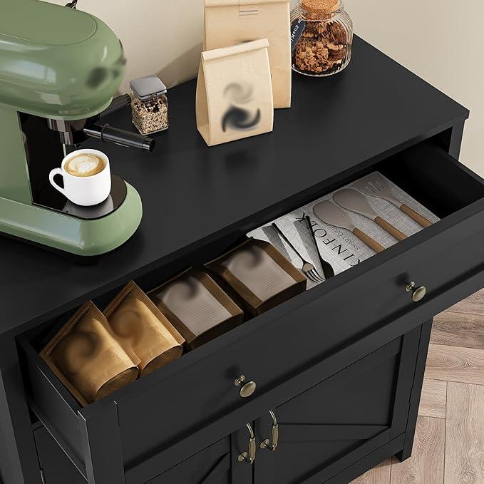 Buffet Sideboard with 2 Barn Doors,Black Kitchen Cabinet with Adjustable Shelf, Freestanding Floor Storage Cabinet - ModernBath