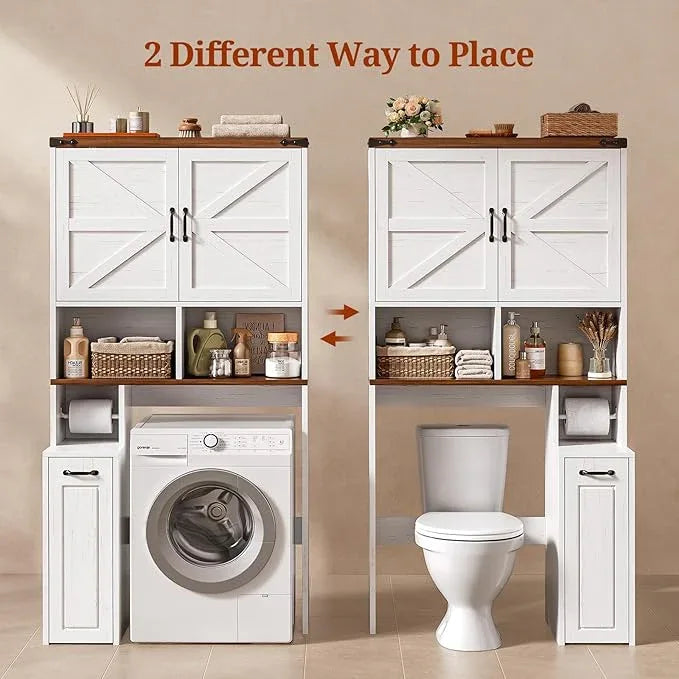 Farmhouse Over The Toilet Storage Cabinet with Pulley Small Bathroom Storage Cabinet, Space Saver W/Adjustable Shelf & Open Shelf for Bathroom, Restroom, Laundry (White Brown-Type B) - ModernBath