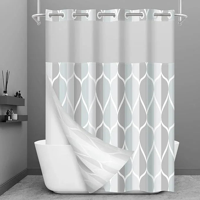 Yiatn No Hook Grey Extra Long Shower Curtain with Snap in Fabric Liner Set - Hotel Style with See Through Mesh Top Window, Modern Geometric Waterdrop Design,Waterproof and Washable, 71x86 INCH - ModernBath