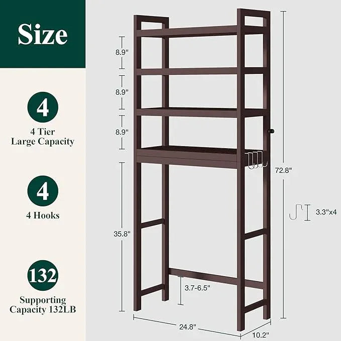 Smiry Over The Toilet Storage Cabinet, 4-Tier Bamboo Bathroom Organizers with Adjustable Shelf & 4 Hooks, Space Saving Shelf Rack for Bathrooms, Laundry Room, Balcony, Brown - ModernBath