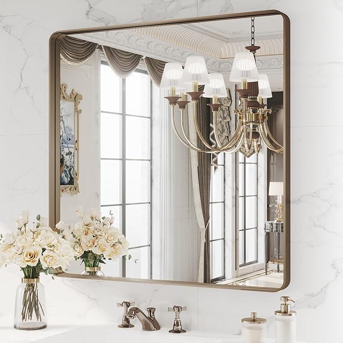 WEER Bronze Bathroom Mirror 36x36 Inch, Farmhouse Oil Rubbed Frame for Wall, Aluminum Alloy Brushed Metal, Vanity, Tempered Glass, Anti-Rust (Horizontal/Vertical) - ModernBath