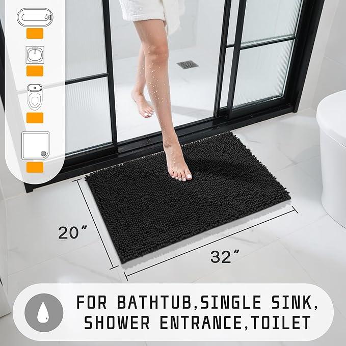 Yimobra Washable Bathroom Rugs, Super Soft & Absorbent Chenille Bath Mat for Floor & Carpet, Quick Dry Non Slip Bath Mat for Tub Shower, 32"x20",Black - ModernBath
