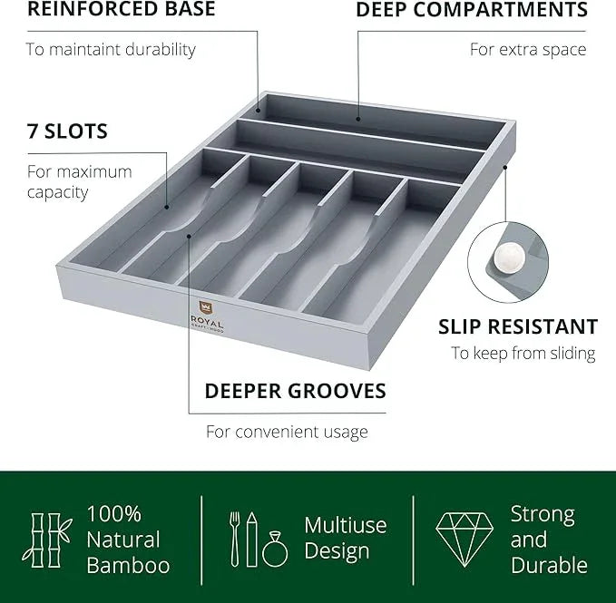 ROYAL CRAFT WOOD Luxury Bamboo Kitchen Drawer Organizer - Silverware Organizer - Utensil Holder and Cutlery Tray with Grooved Drawer Dividers for Flatware and Kitchen Utensils (7 Slot, Gray) - ModernBath