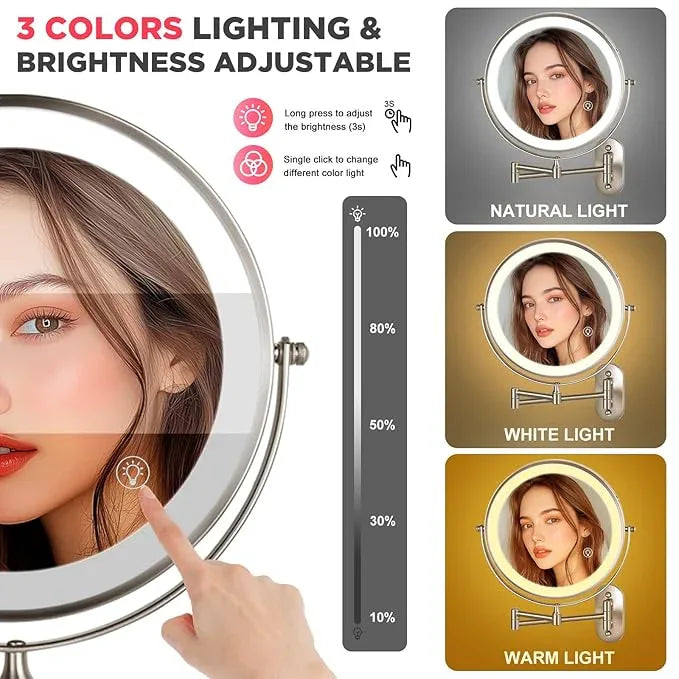 VORREMIRR 20X Magnifying Mirror with Light: 8.5 Inch Lighted Makeup Mirror, Wall Mount, 360 Rotation, Touch Screen, Rechargeable, Brushed Nickel - ModernBath