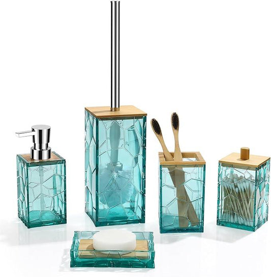 GAHEFY Teal Blue Beach Bathroom Accessories Set, Toothbrush Holder, Soap Dispenser, Cotton Swabs Holder, Soap Dish, Toilet Brush with Holder, Boho Bamboo Bathroom Decor,Acrylic (Teal) - ModernBath
