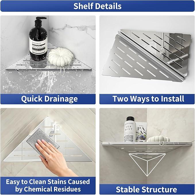 Corner Shower Shelf 10" Polished 304 Stainless Steel Recessed Corner Shelves with Slot Design Bathroom Grout in Shelf for Tiled Wall, 2 Pack - ModernBath