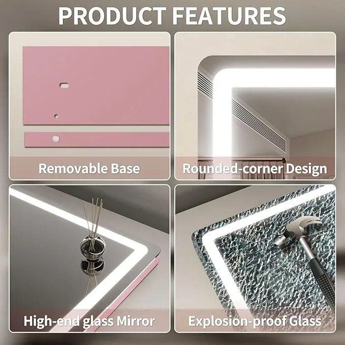 ROLOVE Pink Makeup Mirror with Lights, 23x18 Inch - 3 Color Modes, Dimmable LED Light up Mirror with 10X Magnification - Pink Vanity Mirror Wall&Tabletop Mount for Teen Girls - ModernBath