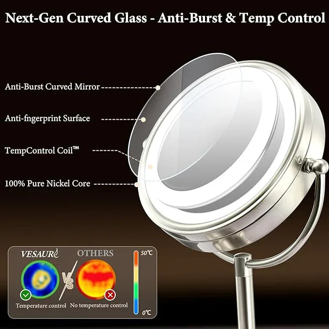 Professional 8.5" Large Lighted Makeup Mirror with Brighter Lights, 1X/10X True HD Magnifying Mirror with 3 Color Dimmable Lights, 90 Shadowless LEDs, 360°Swivel Seamless Vanity Mirror, Pearl Nickel - ModernBath