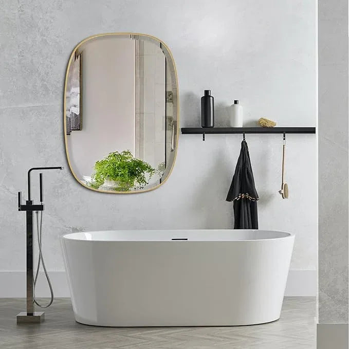 POZINO Gold Bathroom Mirror, 24"x32" Brass Rounded Rectangle Mirrors, Brushed Beveled Mirrors for Over Sink, Modern Vanity Wall Mirror in Premium Stainless Steel Frame Hangs Horizontal Or Vertical - ModernBath