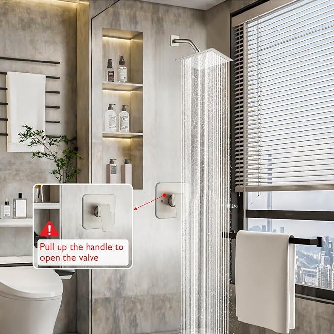 Heyalan 8 Inch Shower Head and Handle Set Square Shower Faucet Set Bathroom Rainfall Shower Faucet Set Stainless Steel Showerhead Single Function Shower Trim Kit,Male Thread Valve,Brushed Nickel - ModernBath