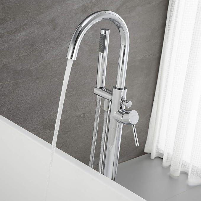 Freestanding Tub Filler Bathtub Faucet Chrome Single Handle Floor Mounted Faucets with Handheld Shower - ModernBath