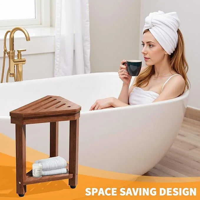 Shower Foot Rest 15 in, Acacia Shower Stool for Shaving Legs,Corner Bath Shower Bench with Starage Shelf for Inside Small Shower Spaces - ModernBath