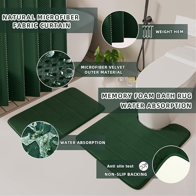XLHOMO Bathroom Accessories Set - 25PC Green Bathroom Set, Bathroom Set with Shower Curtain and Rugs, Green Shower Curtain Set, Toilet Brush, Bathroom Trash Can - ModernBath
