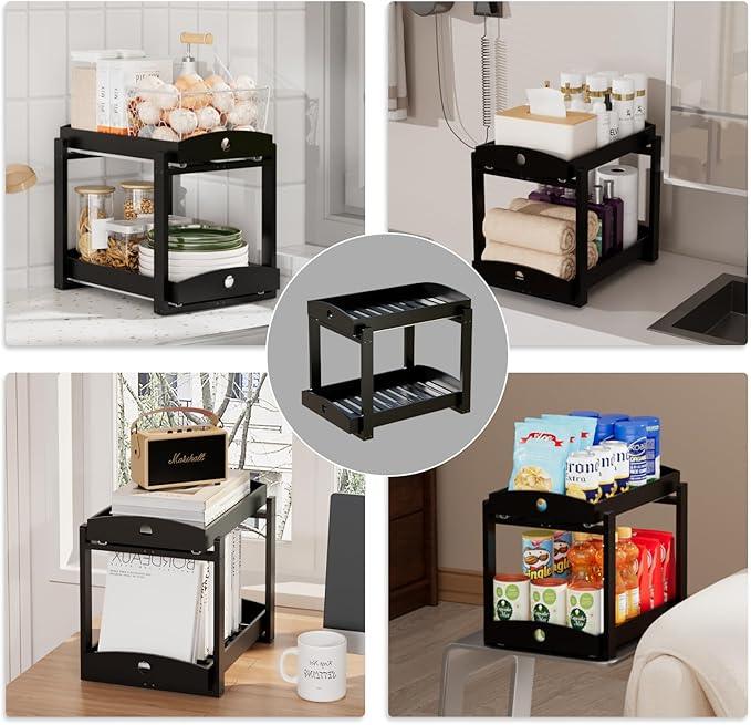 2 Pack Under Sink Organizer, Bamboo Wooden 2-Tier Pull-Out Storage with Sliding Drawers for Kitchen and Bathroom Cabinets, Easy Installation (Black) - ModernBath