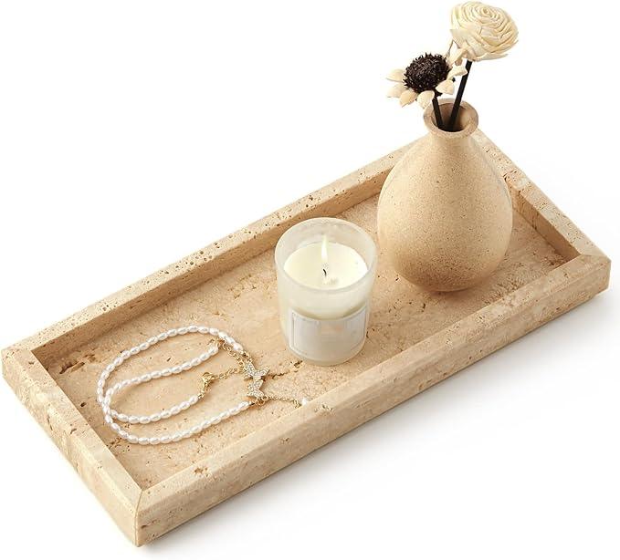 Real Natural Small Marble Tray for Bathroom, Vanity, Kitchen and Desktop, Rectangle Genuine Marble Stone Tray for Jewelry, Cosmetics, Candles, Lotion, Perfume and Home Decor - ModernBath