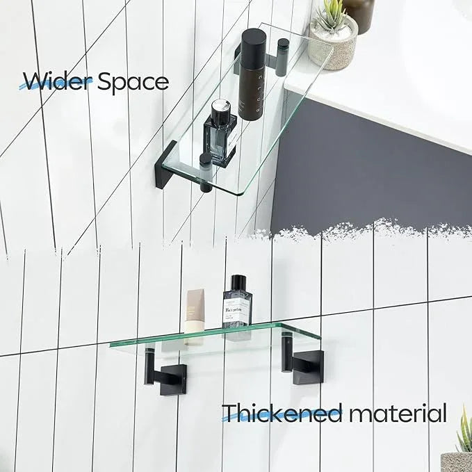 KOKOSIRI Bathroom Shelves Glass Floating Shelf 12-Inch for Bedroom, Living Room, Kitchen, Small Hanging Rack Rustproof Wall Mounted Black B1105BK-L12 - ModernBath