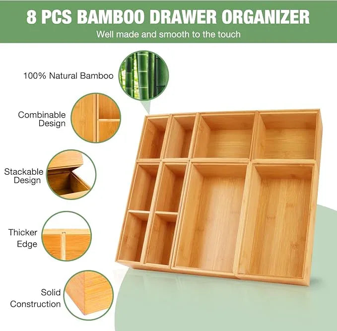 Bamboo Drawer Organizer Set, 8 PCS Multi-Use Wood Drawer Storage Boxes, Junk Drawer Organizer Divider Bins for Kitchen, Bathroom, Office Desk, Makeup, Jewelry, Utensils - ModernBath
